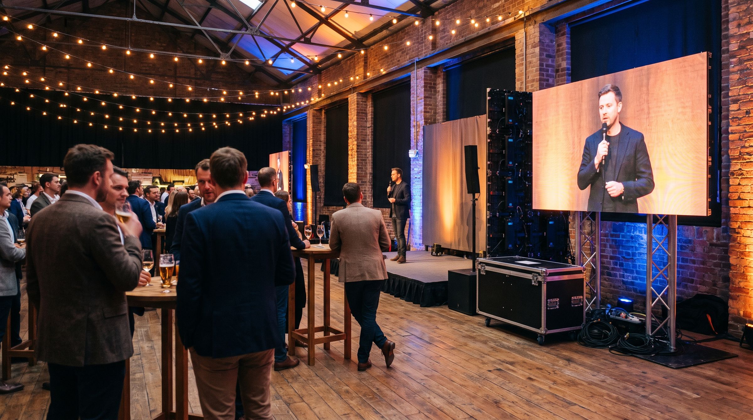 Bedrijfsborrel in een industriële hal, de host staat live op de LED-wand naast het podium