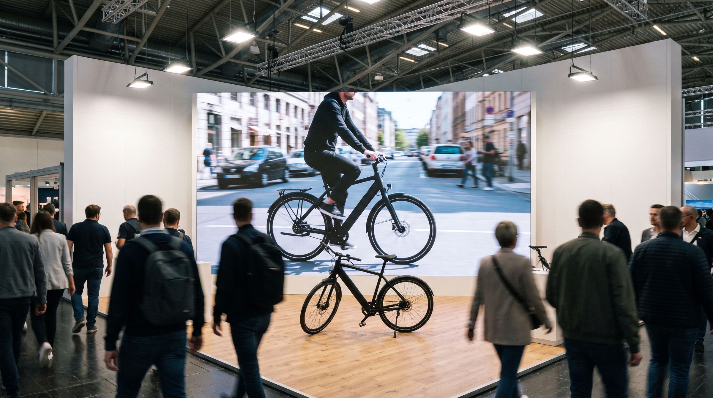 Beursstand met een LED-wand als achterwand die de fiets op de stand in beweging toont