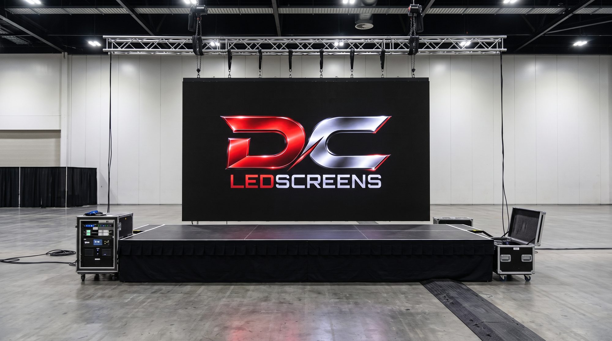 LED-wand aan een truss boven een podium in een hal