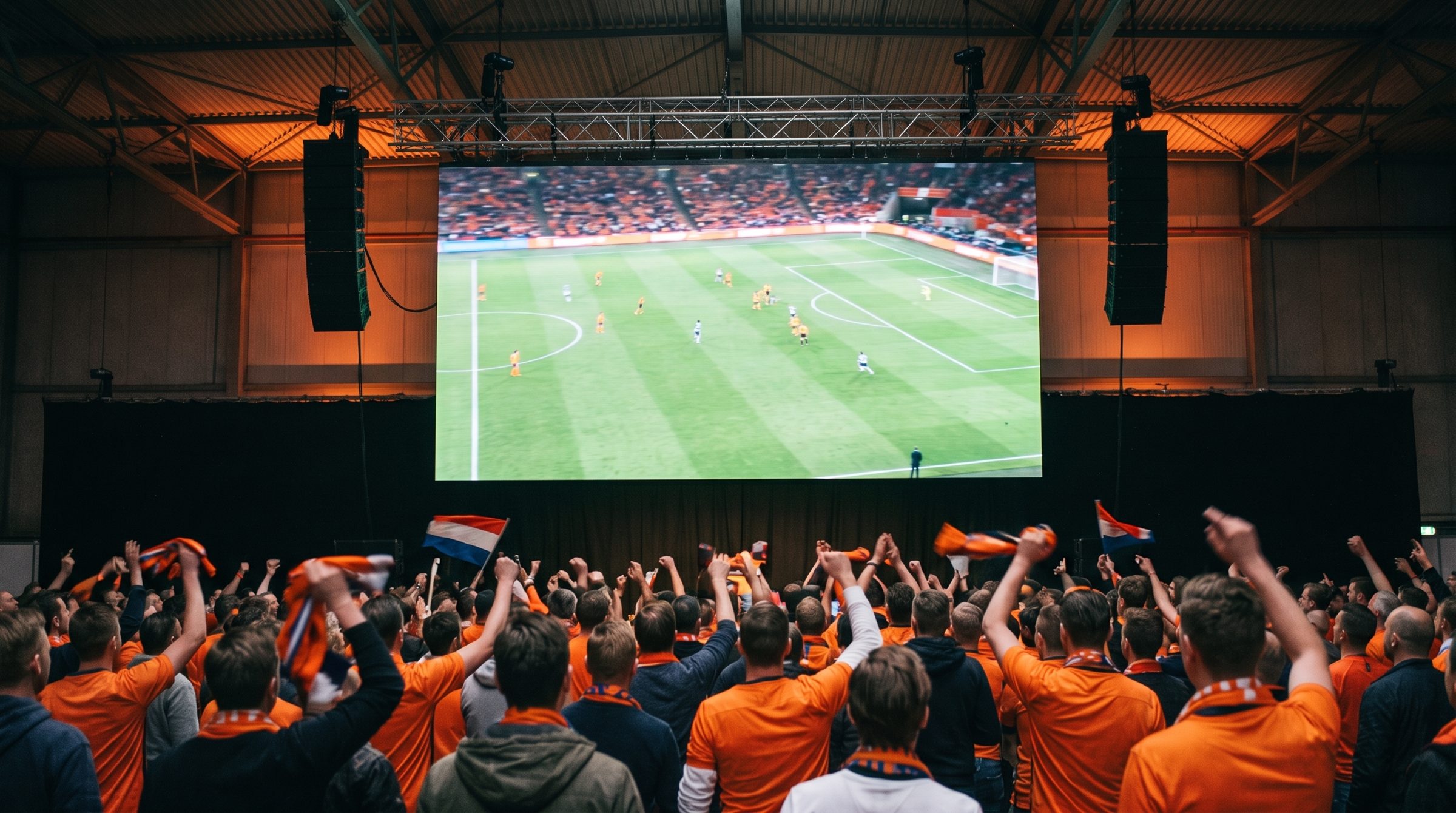 Volle hal met publiek in oranje voor een groot LED-scherm met een voetbalwedstrijd