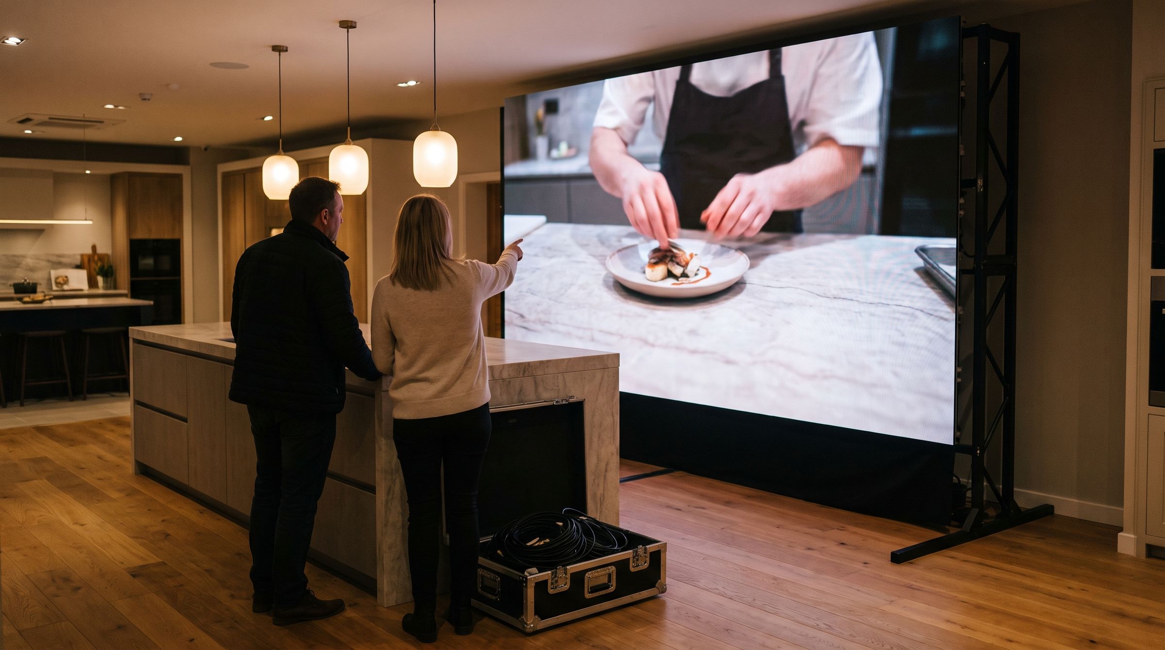 LED-wand in een keukenshowroom die een kok aan hetzelfde kookeiland laat zien